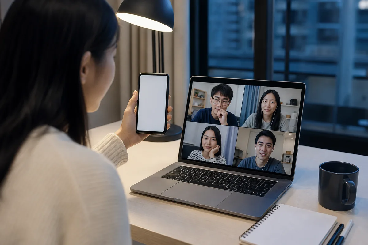 朋友透過筆電視訊進行詞語推理遊戲
