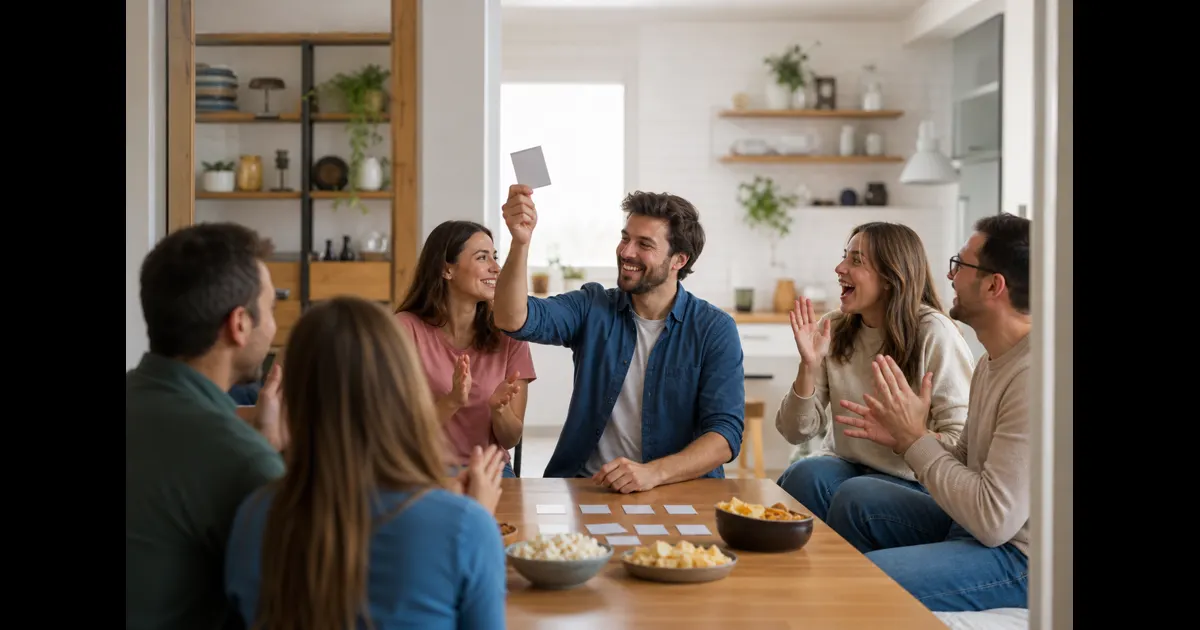Amigos celebrando el final de una partida de palabras en casa