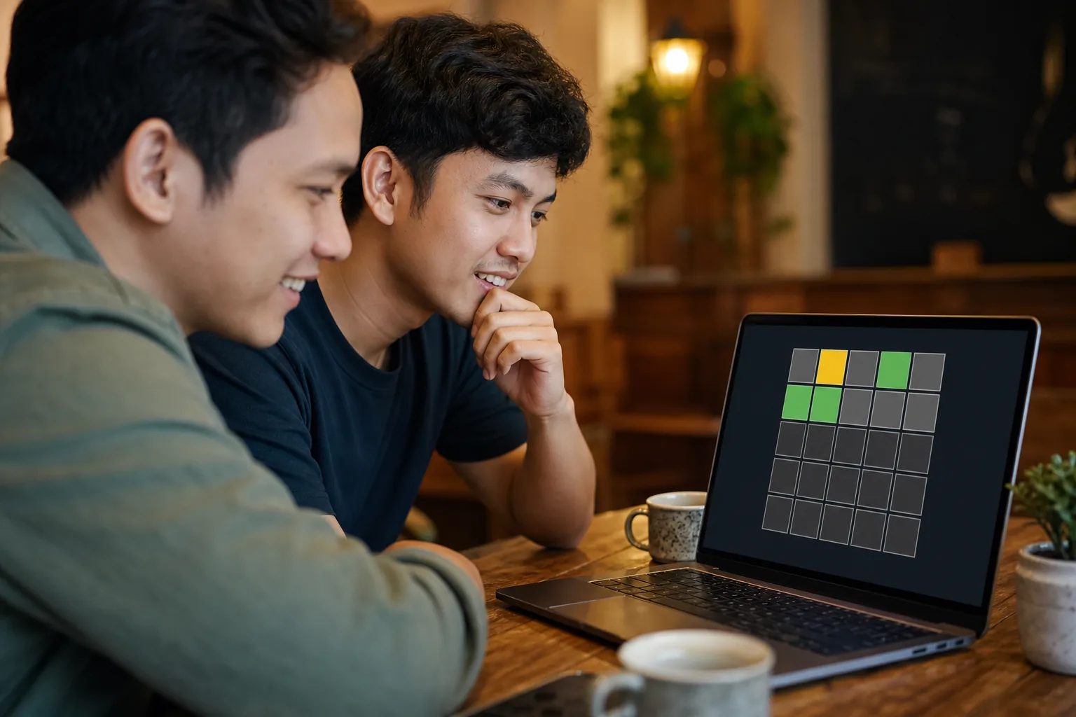 Teman melihat permainan kata lima huruf di laptop