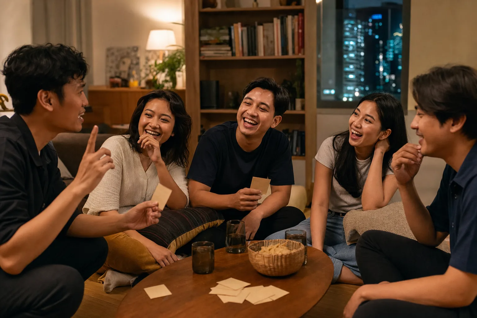 Teman-teman di Indonesia bermain tebak kata di ruang tamu