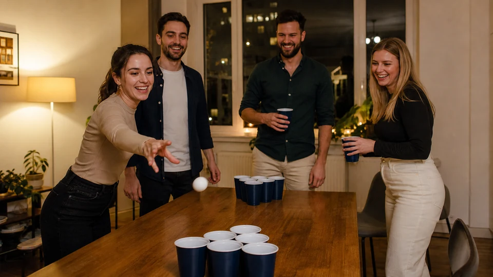 Dospělá česká parta hraje Beer Pong u stolu