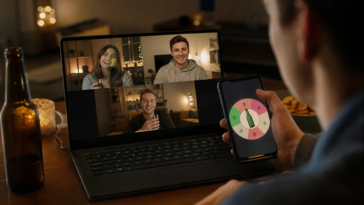 Přátelé hrají flašku při videohovoru