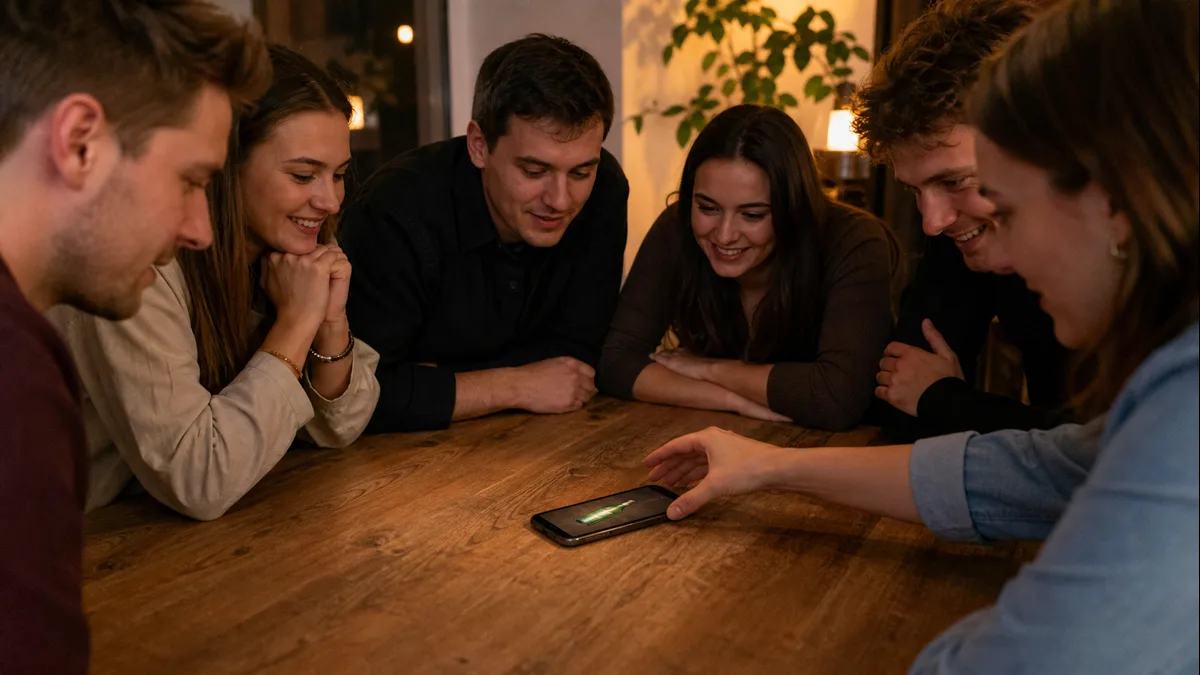 Telefon s virtuální flaškou uprostřed kruhu přátel
