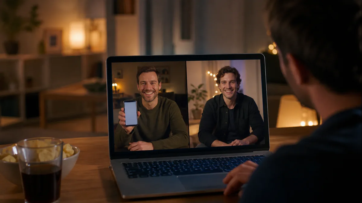 Dva přátelé se připojují k online hře přes telefon a videohovor