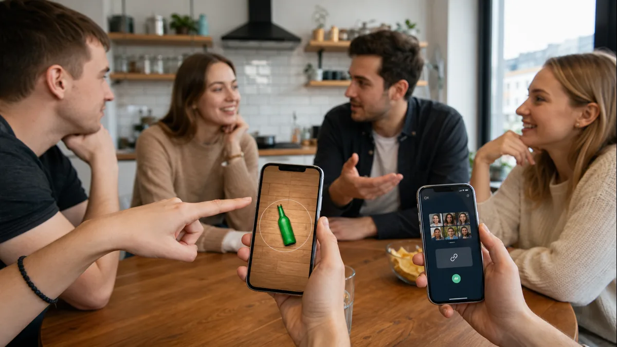 Přátelé nastavují online flašku na telefonu
