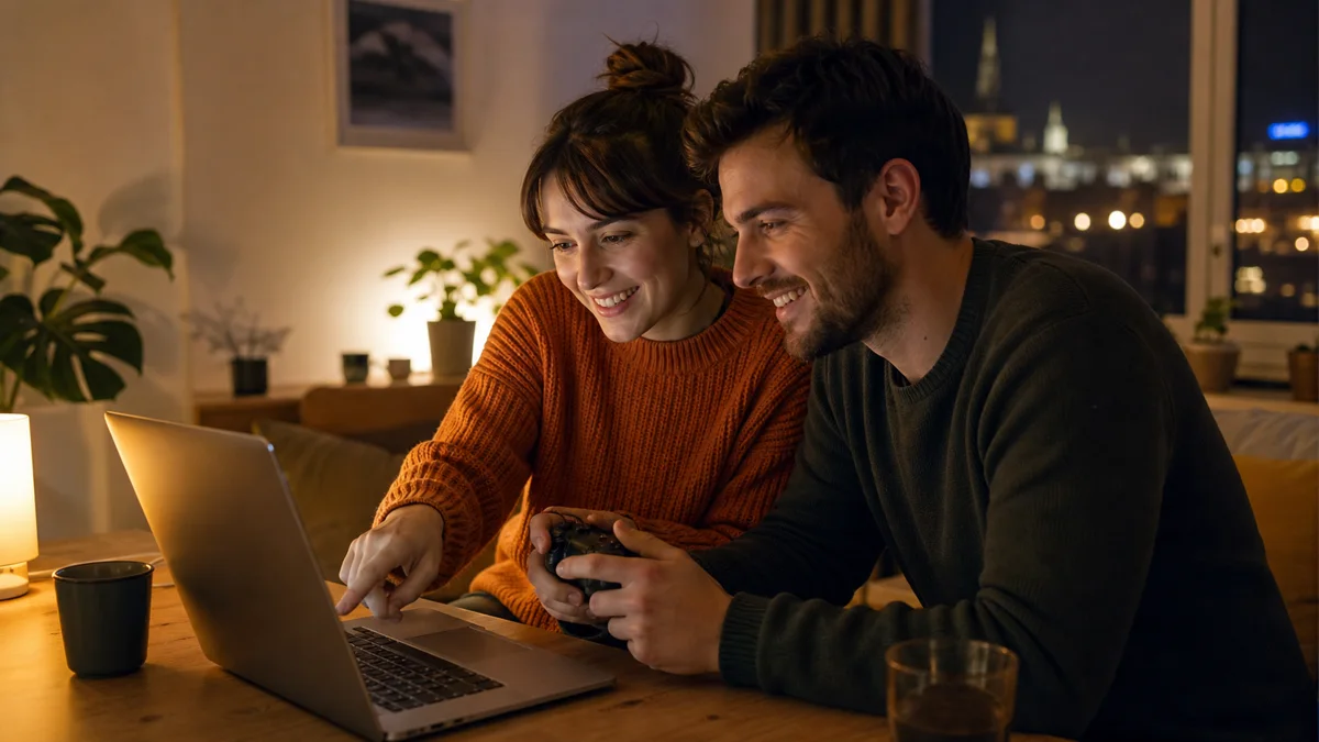 Český pár hraje společnou online hru u notebooku