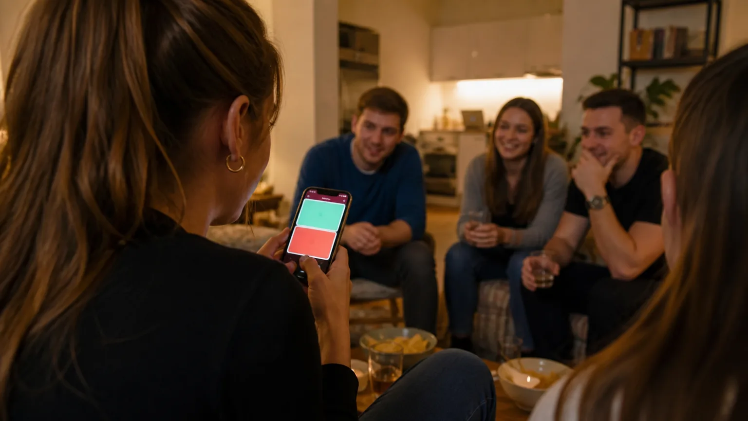 Hráčka si soukromě prohlíží roli na telefonu během hry s přáteli