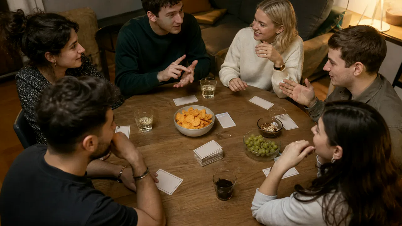 Přátelé hrají u stolu svižné kolo společenské dedukční hry