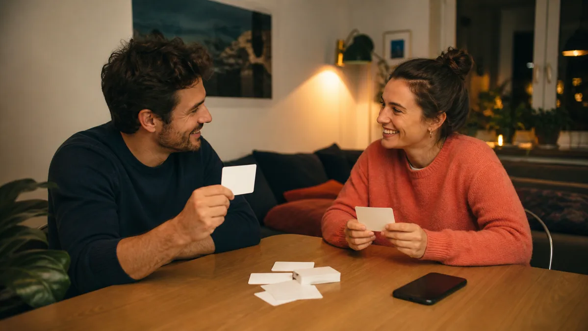 Zwei Erwachsene spielen zuhause mit Fragekarten ein Gesprächsspiel für Paare
