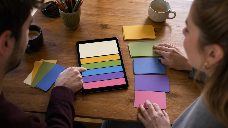 Zwei Freunde bereiten farbige Tabu-Karten auf einem Tablet vor