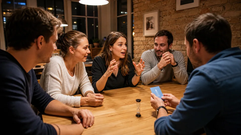 Ein Team erklärt einen Begriff, während ein Aufpasser Karte und Timer kontrolliert