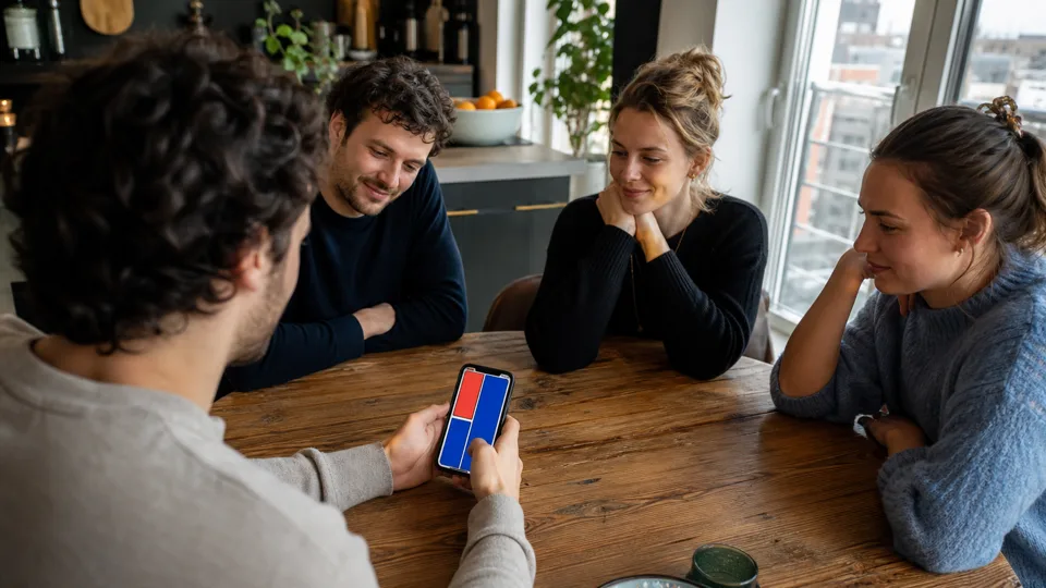 Vier Freunde teilen sich für ein Online-Tabu-Spiel in Teams auf