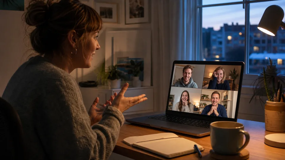 Eine Spielerin erklärt im Videocall einen Tabu-Begriff für vier Freunde