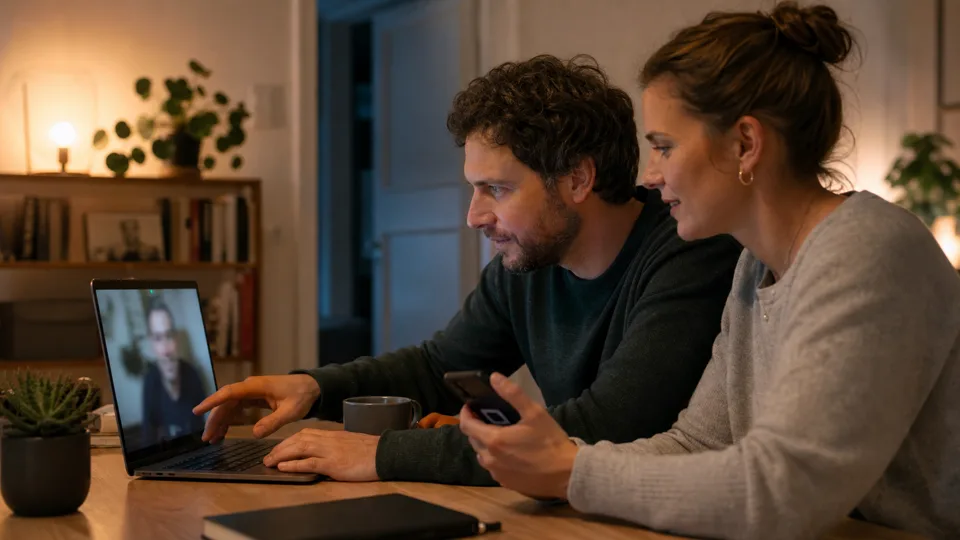 Zwei Freunde lösen entspannt ein Tonproblem vor ihrer Online-Quizrunde
