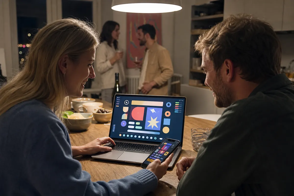Venner bruger laptop og mobil til et festspil