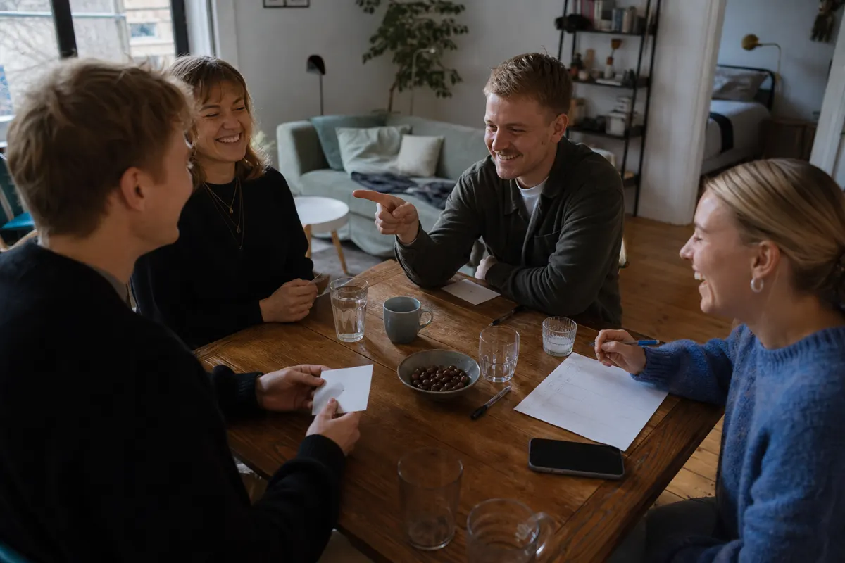 Venner peger ved et bord