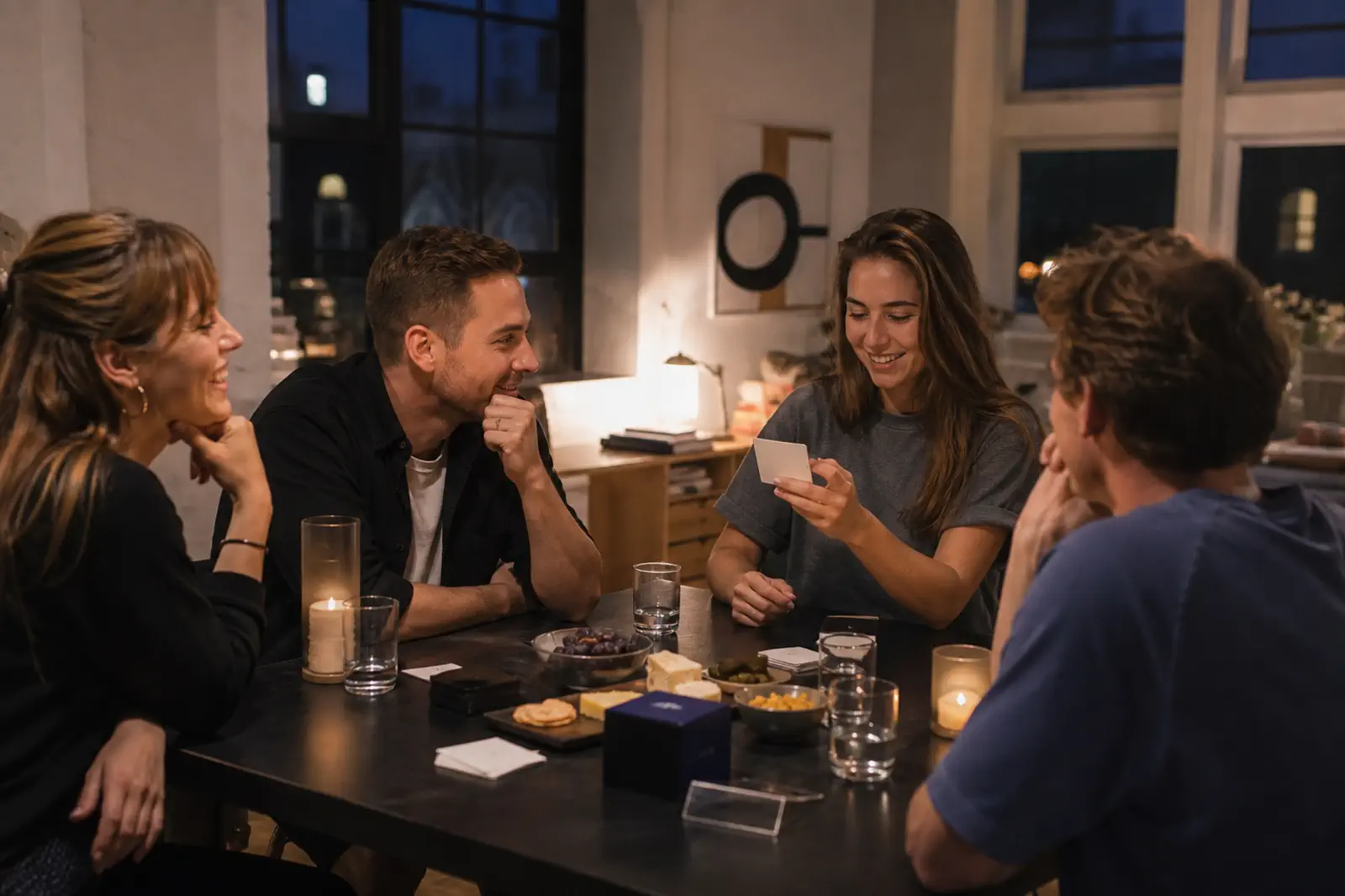 Voksne venner spiller ved et bord