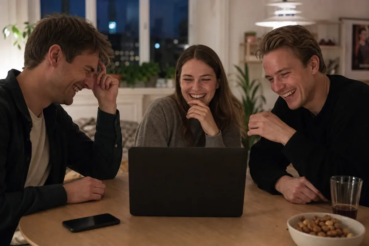 Venner spiller et socialt spil ved en bærbar computer