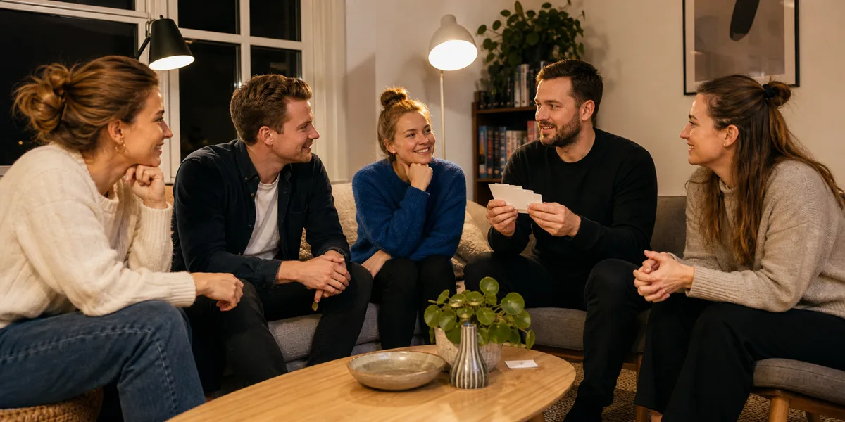 En gruppe venner spiller quiz i en varm stue