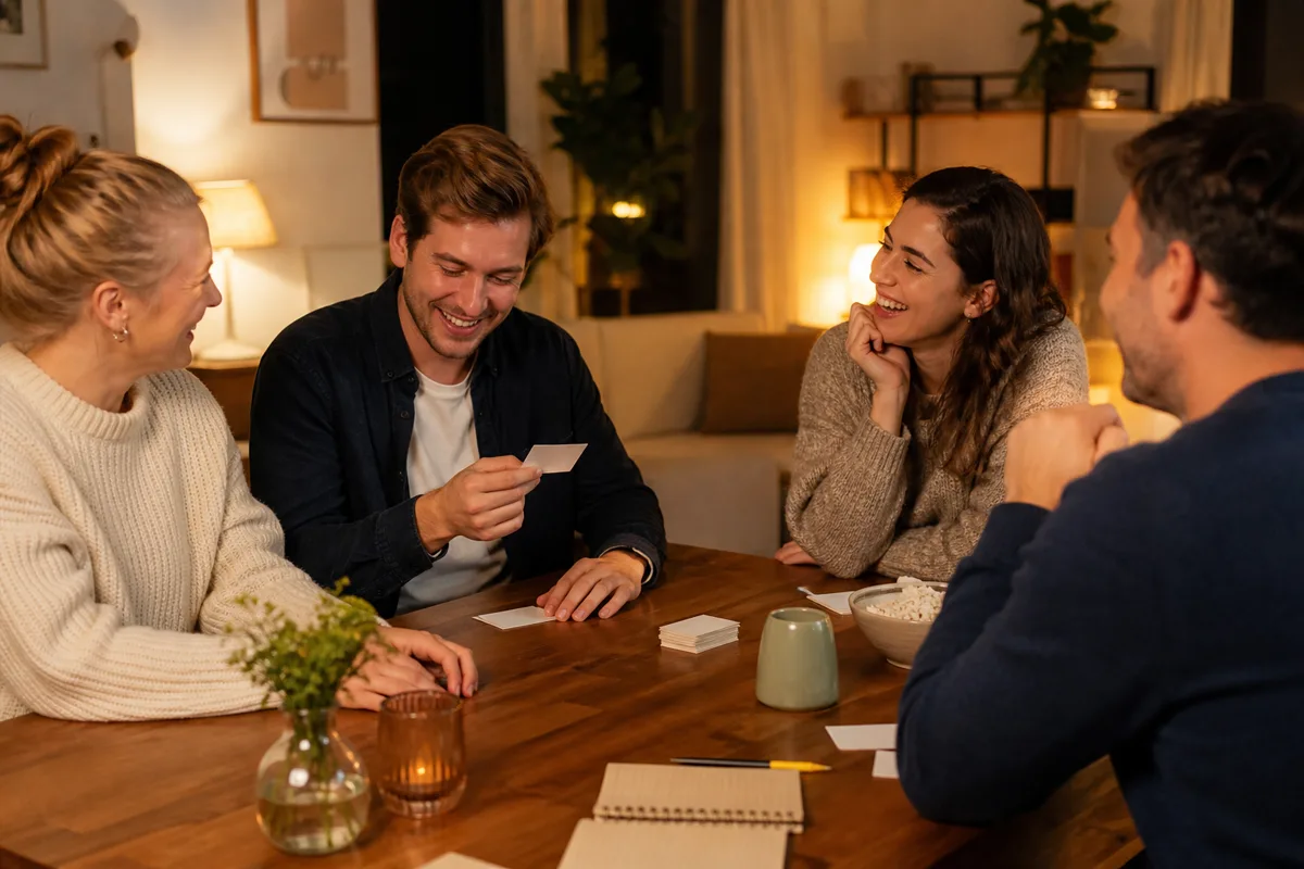 Venner omkring et bord med små spørgsmålskort