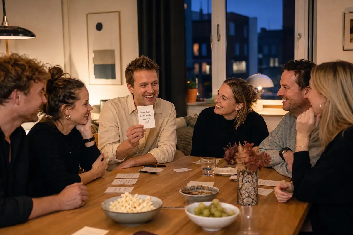 Venner spiller selskabsleg ved bordet