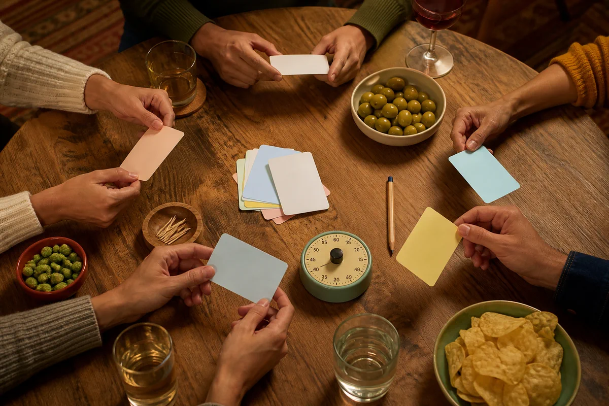 Manos de amigos alrededor de una mesa preparada para una ronda de preguntas