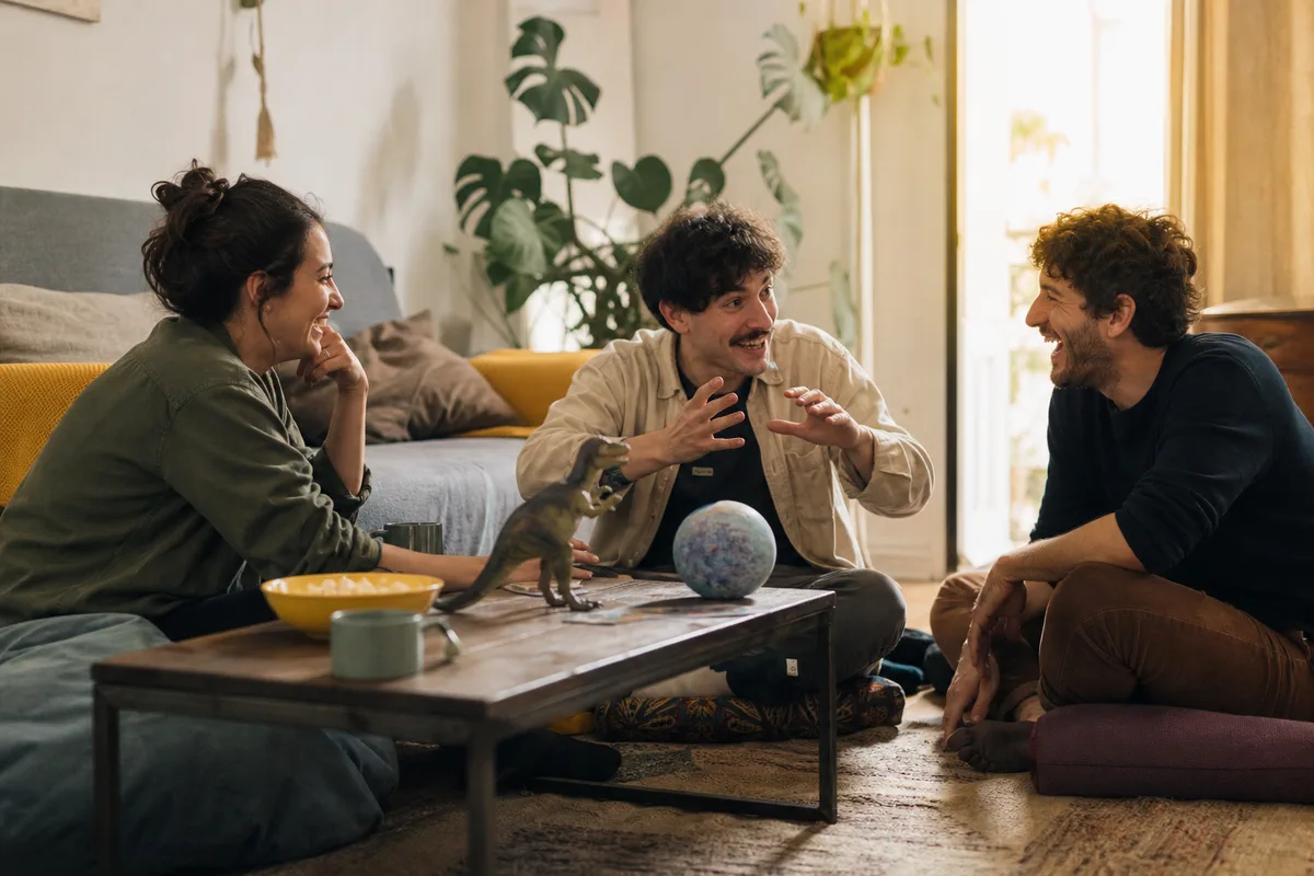 Amigos ideando una teoría absurda en el salón durante una tarde de juegos