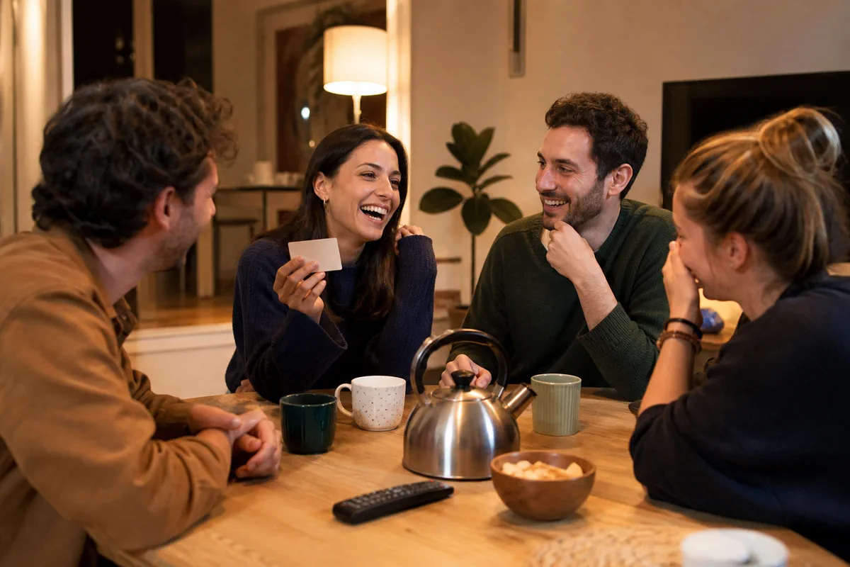 Amigos riendo en una mesa de casa durante un juego de preguntas cotidianas