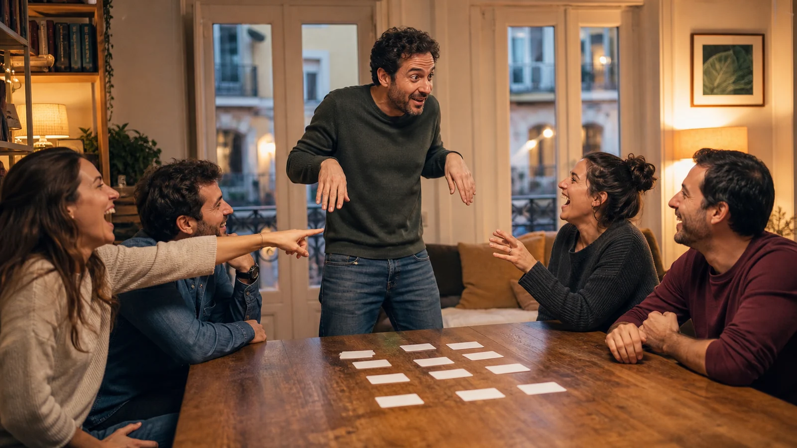Grupo de amigos representa una pista de animales durante un juego de mímica