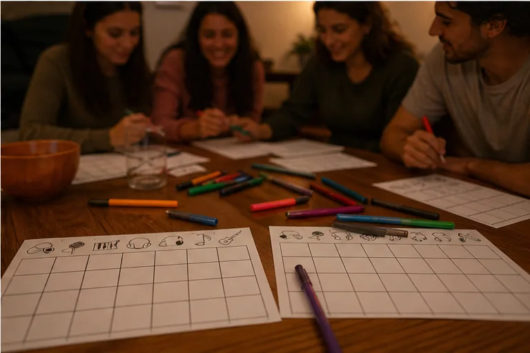 Cartones de bingo musical sobre una mesa