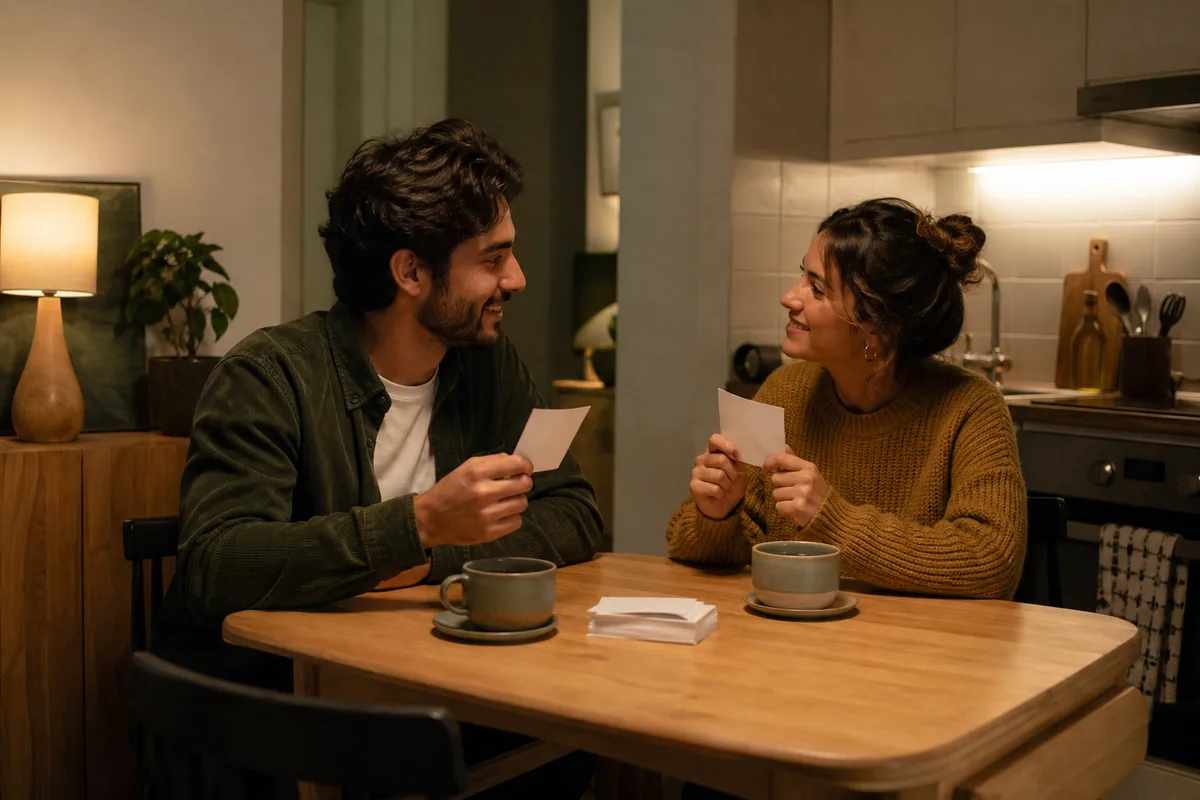 Pareja jugando con cartas de preguntas durante una cita en casa