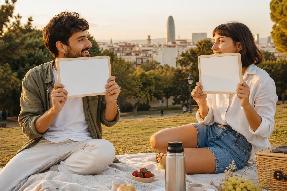 Pareja comparando predicciones durante un paseo