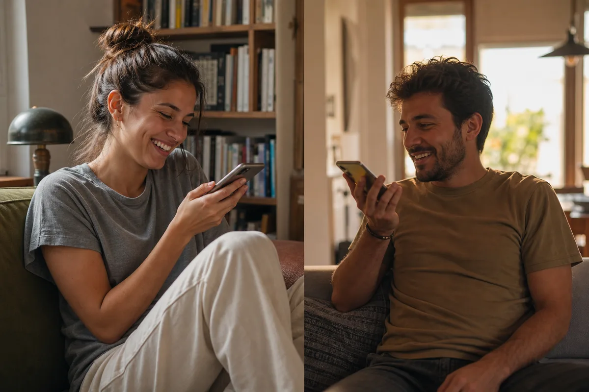 Pareja hablando a distancia mientras comparte preguntas por el móvil