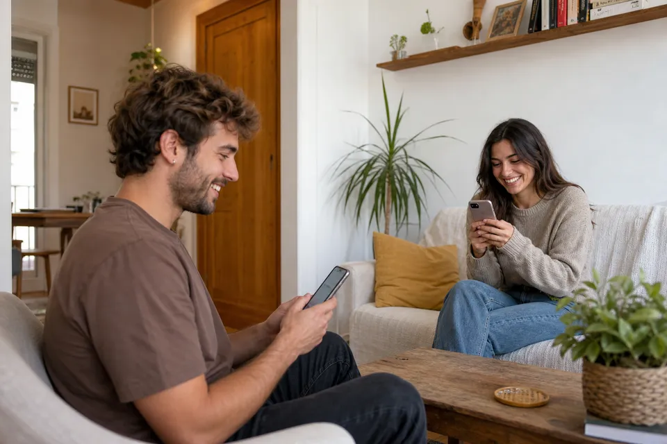 Pareja compartiendo preguntas por el móvil