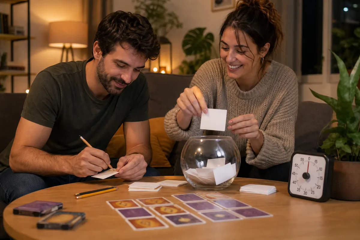 Pareja preparando tarjetas de preguntas y retos en casa