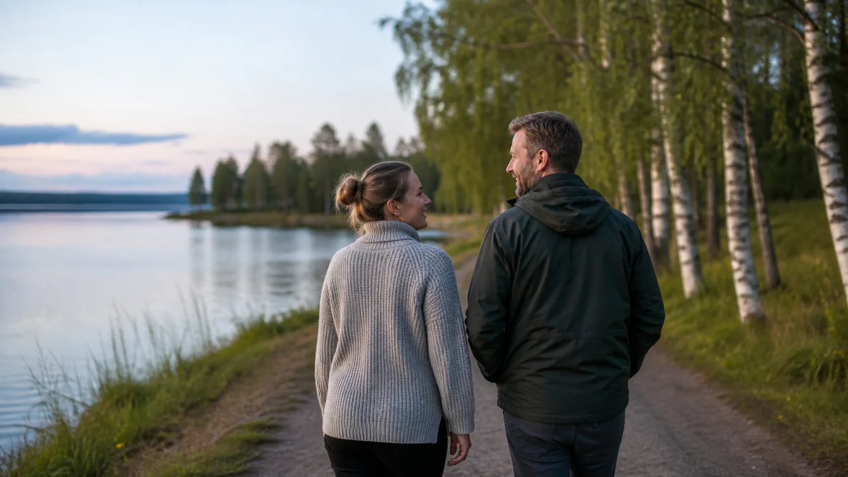 Pari kävelee järven rannalla