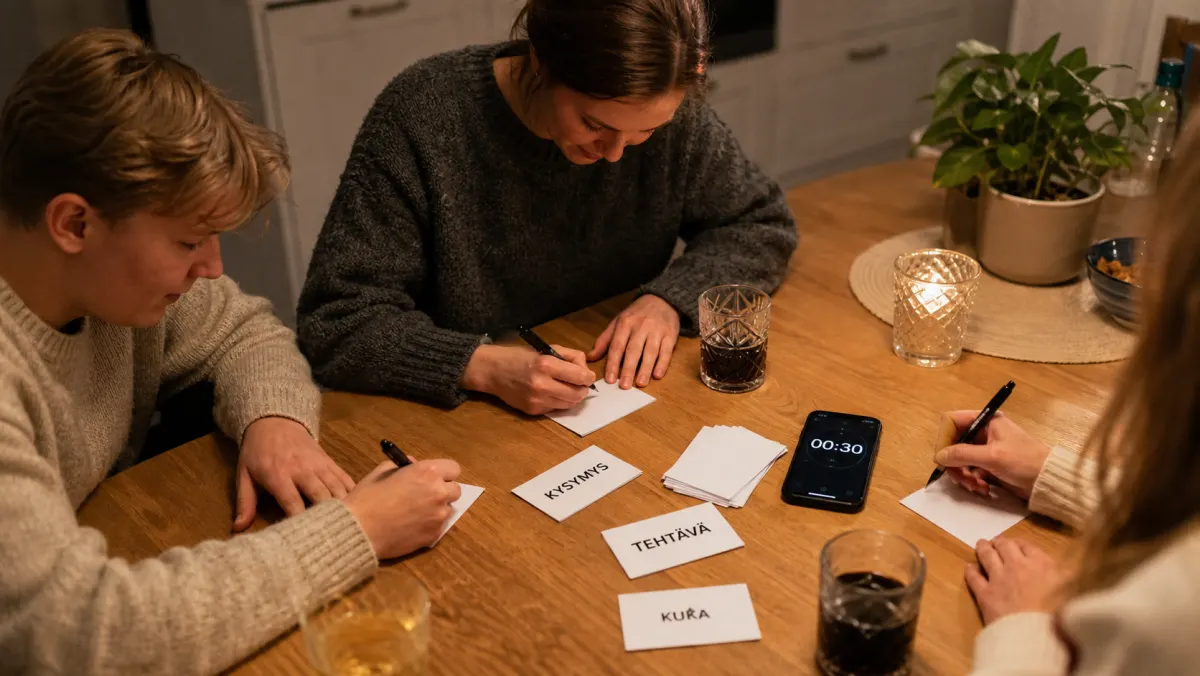 Ystävät kirjoittavat kysymyskortteja pöydässä
