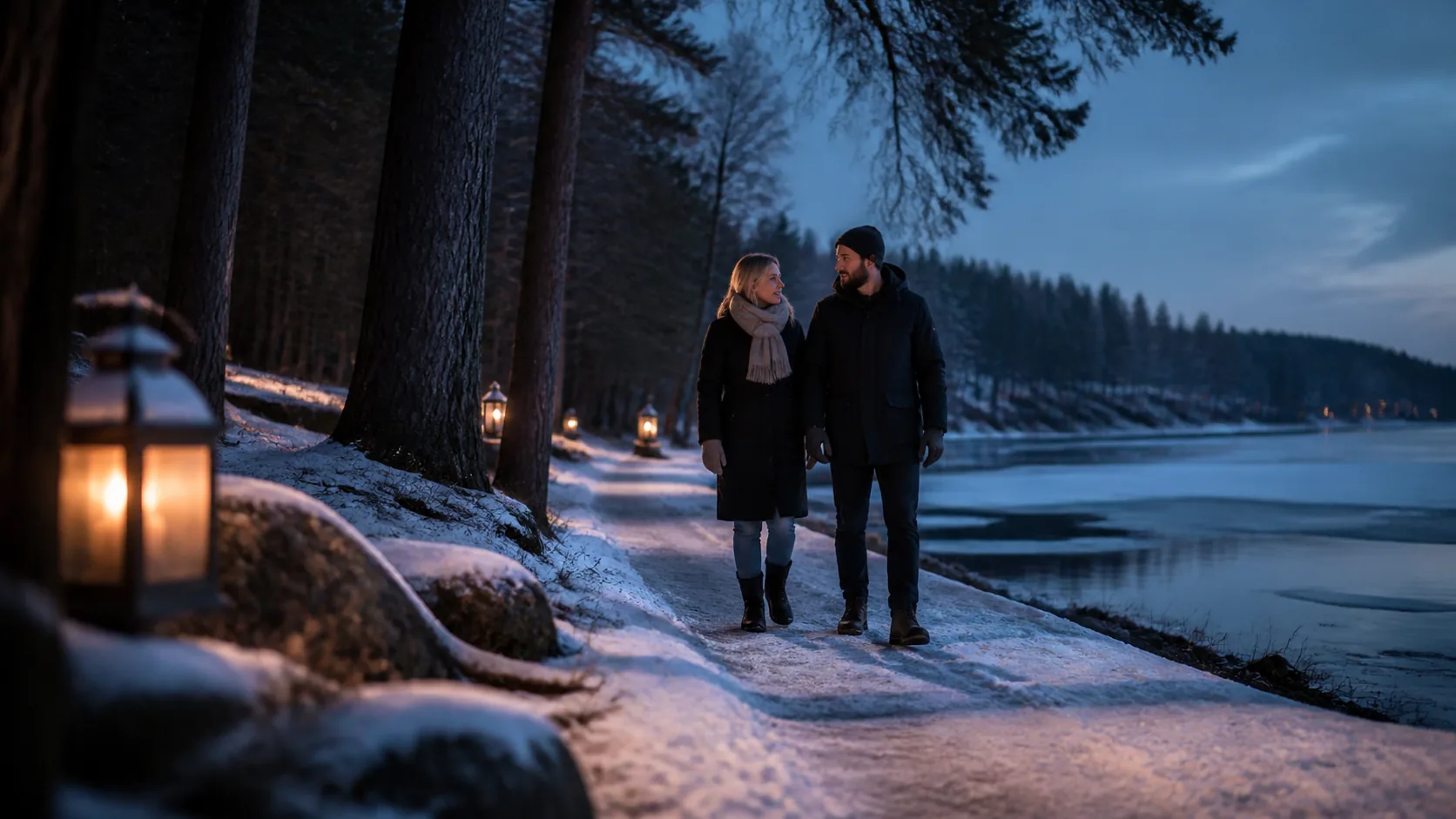 Pari keskustelee järven rannalla