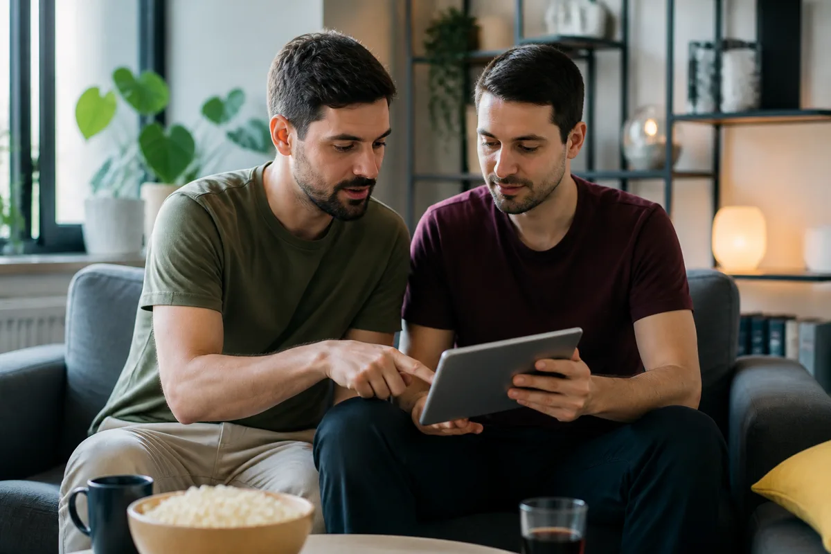 Dvoje prijatelja bira online igru na tabletu