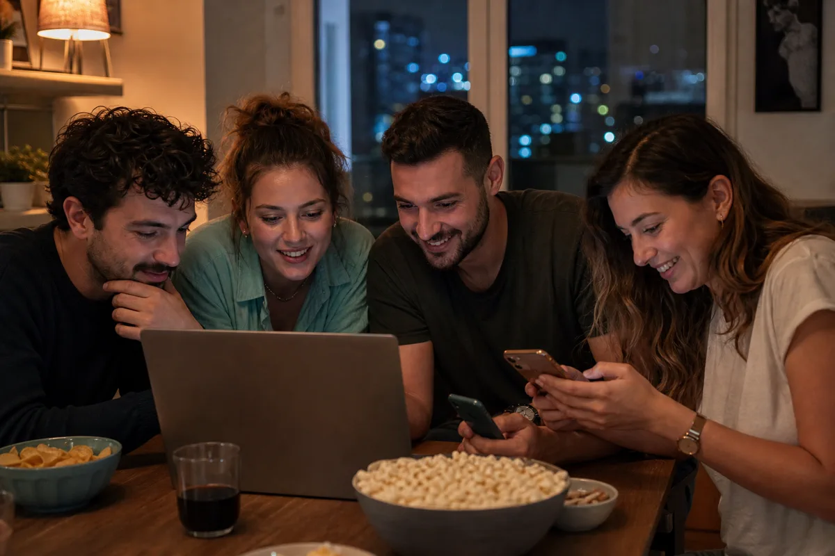 Prijatelji igraju na telefonima i laptopu za stolom