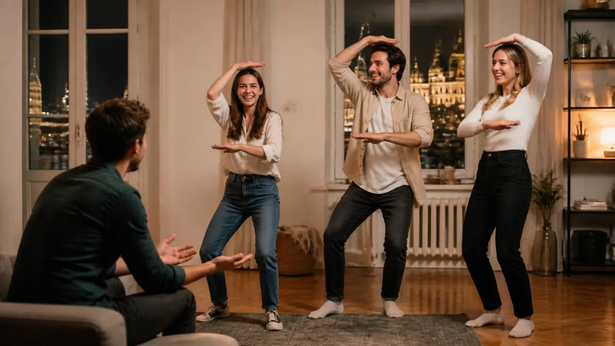 Két játékos együtt mutogat egy barátjuknak
