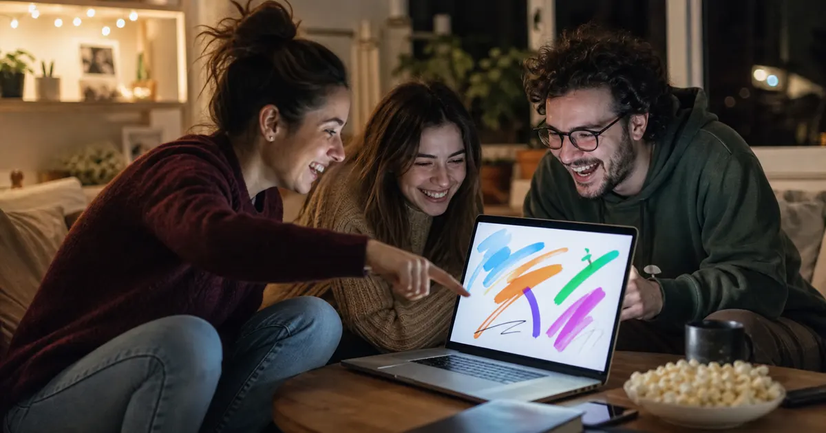 Barátok laptopon keresztül közös rajzolós játékot játszanak