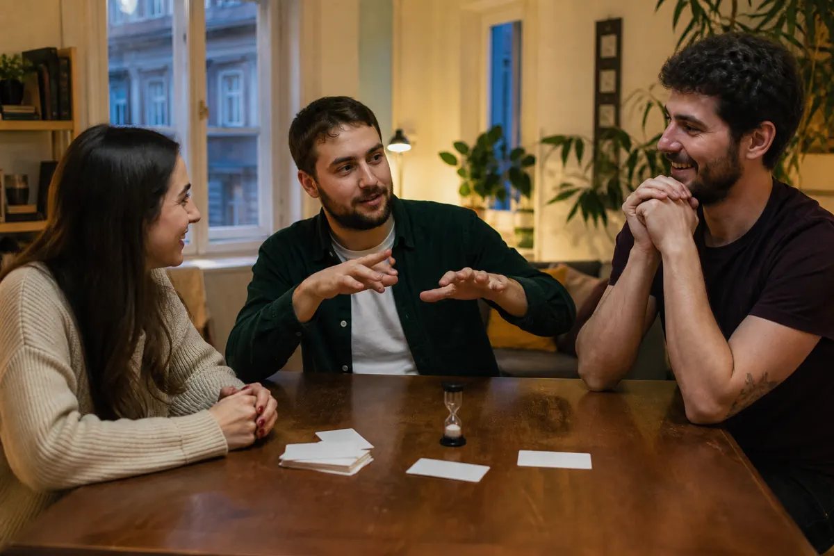 Barátok Tabu-kör előtt ülnek egy asztalnál