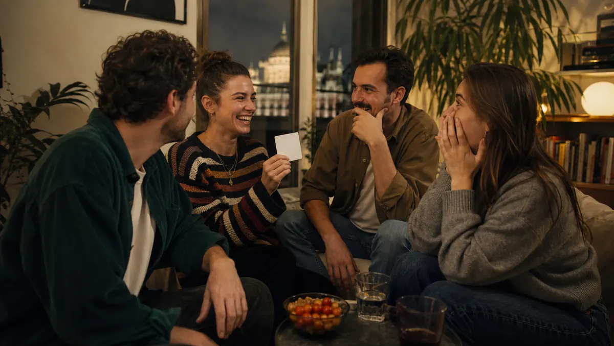 Két magyar barát nevet egy budapesti nappaliban