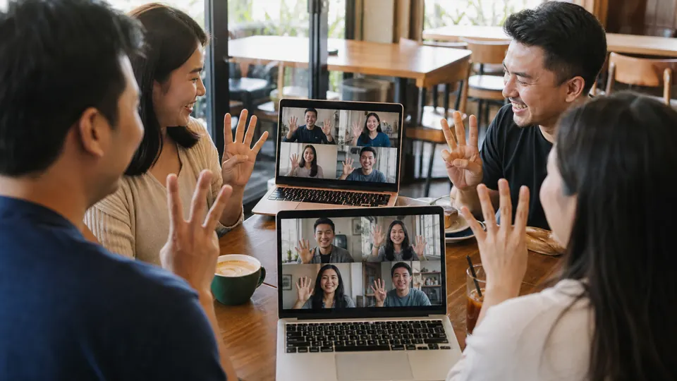 Teman bermain melalui video call di laptop