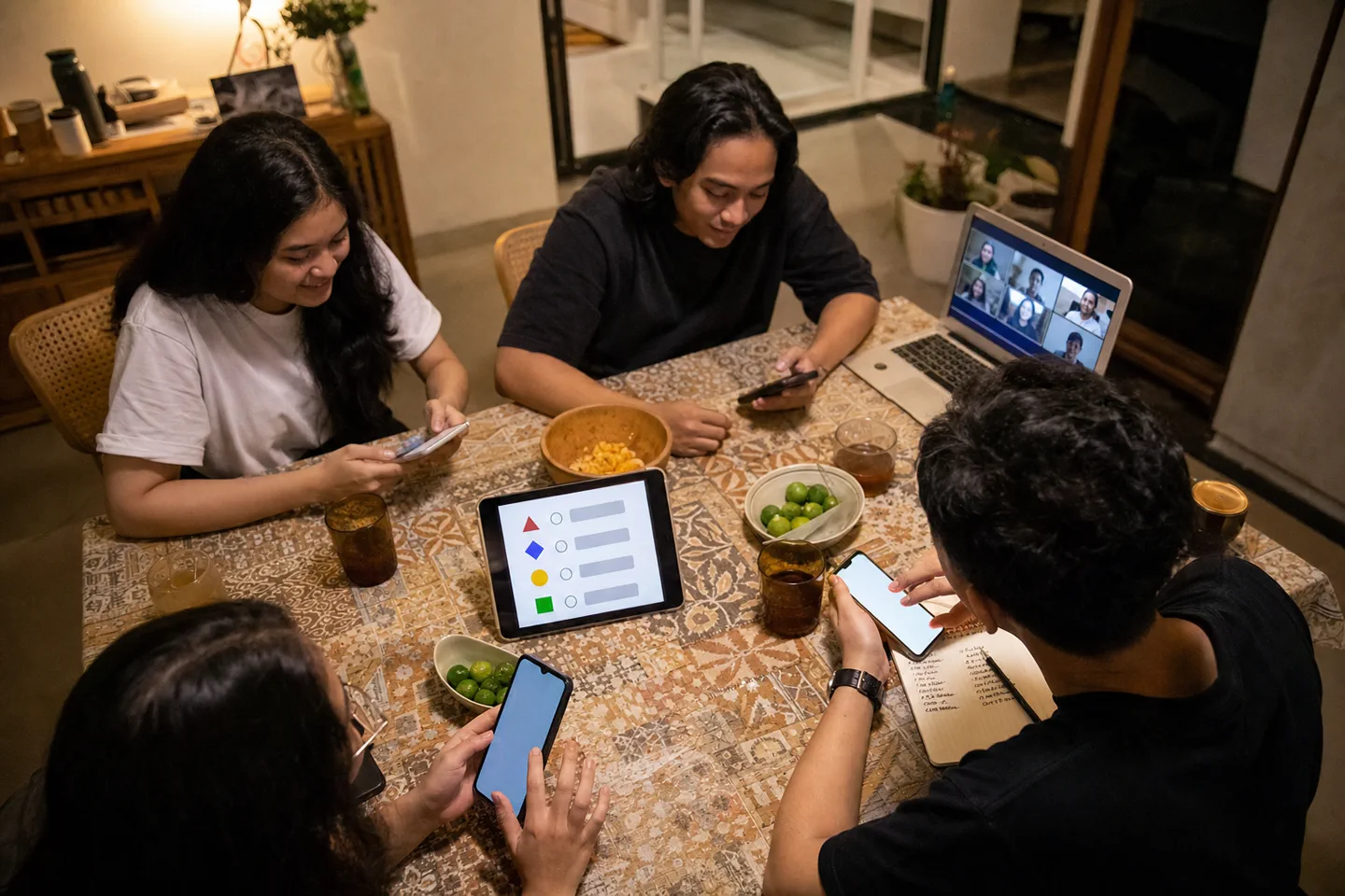Grup teman memainkan kuis online dari ponsel