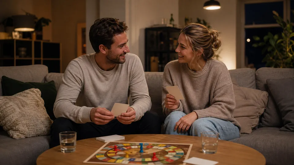 Koppel praat tijdens een spelavond met vraagkaarten