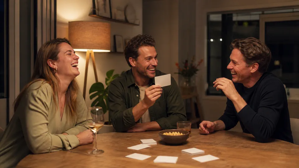 Volwassen vrienden spelen een kaartspel tijdens een spelavond