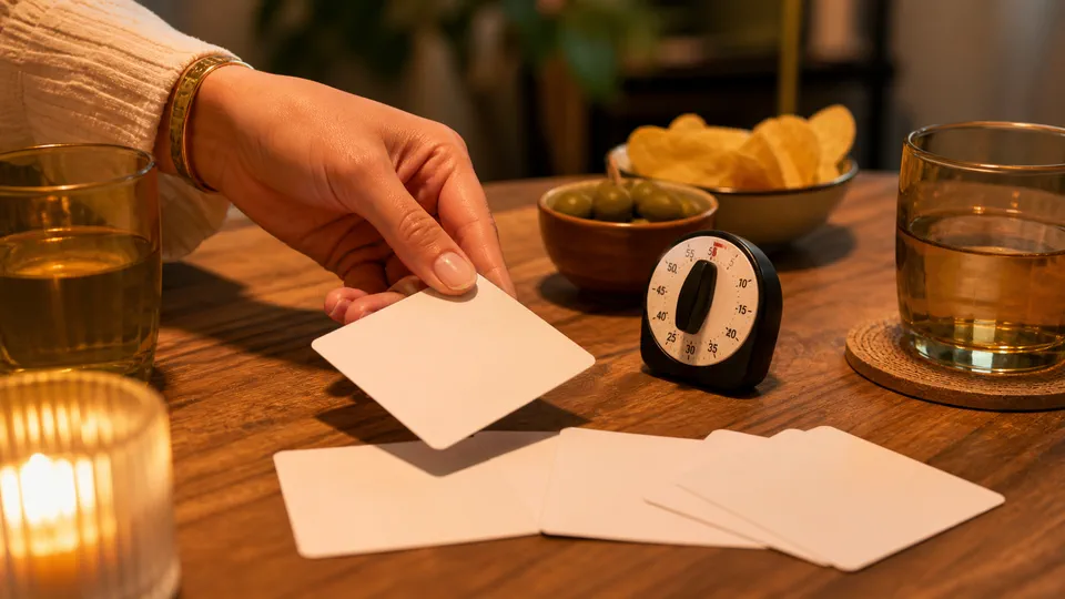 Hand kiest een vraagkaart tijdens een spelavond