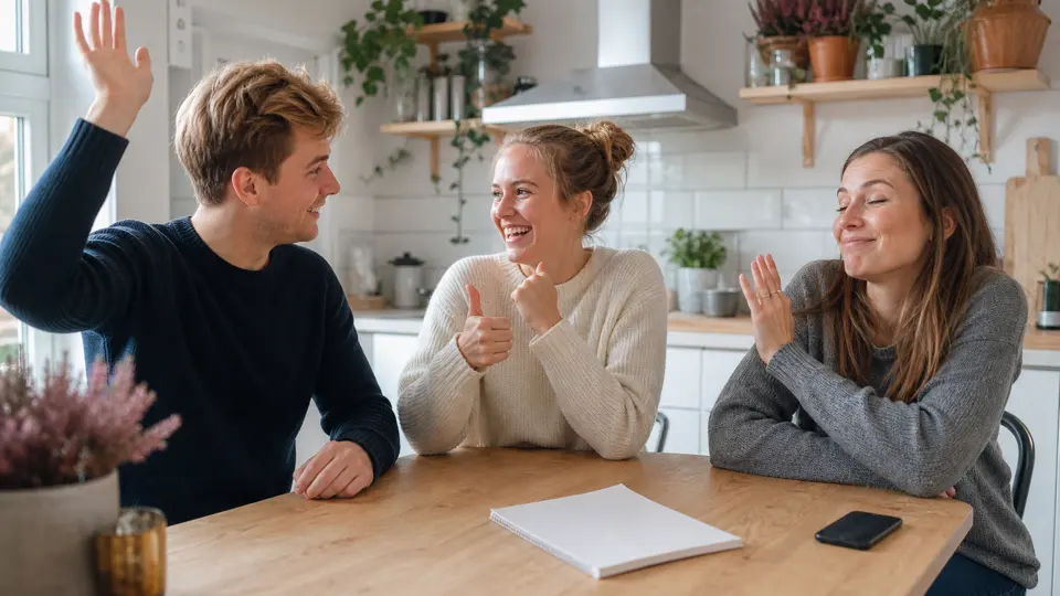 Tre venner svarer samtidig i en sant eller usant-quiz